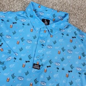 Saint Canary Mens Medium Blue AOP Cactus Beer Mug Performance Stretch Polo SS